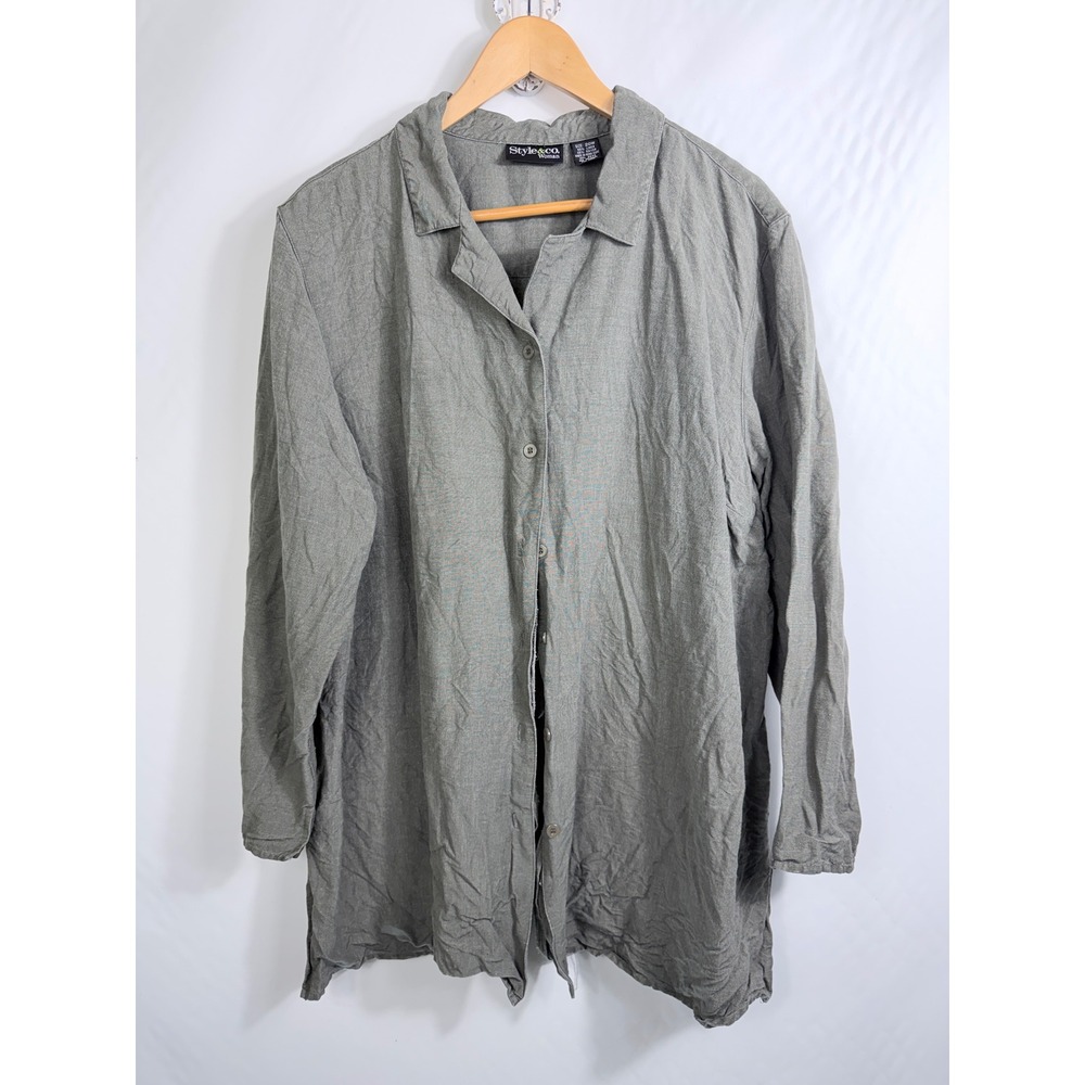 Style & Co 20W‎ Olive Green Linen Blend Button Down Tunic Shirt Long Sleeve